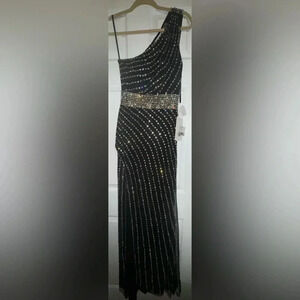 Mac‎ Duggal Jeweled Beaded One-Shoulder Column Gown Black silver 9107 size 2 NWT